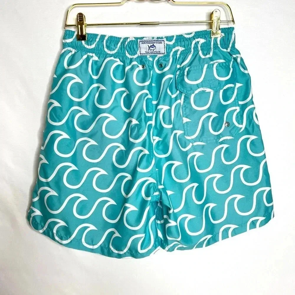 Southern Tide Swim Short Size Small  Wave Pattern Trunk Teal White